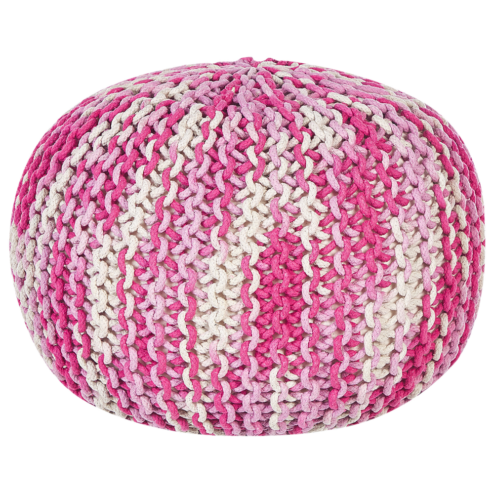 Image of Pouf ottomana bianco e rosa pastello cotone lavorato a maglia perline EPS riempimento rotondo piccolo poggiapiedi 50 x 35 cm