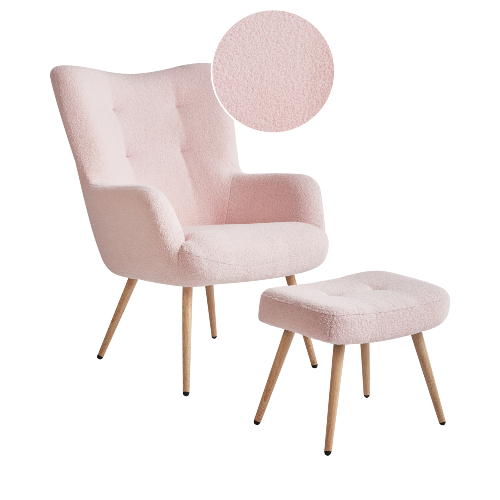 Image of Sedia Wingback con ottomana Tessuto boucle rosa pastello con bottoni e motivo a tinta unita Stile retrò per il soggiorno