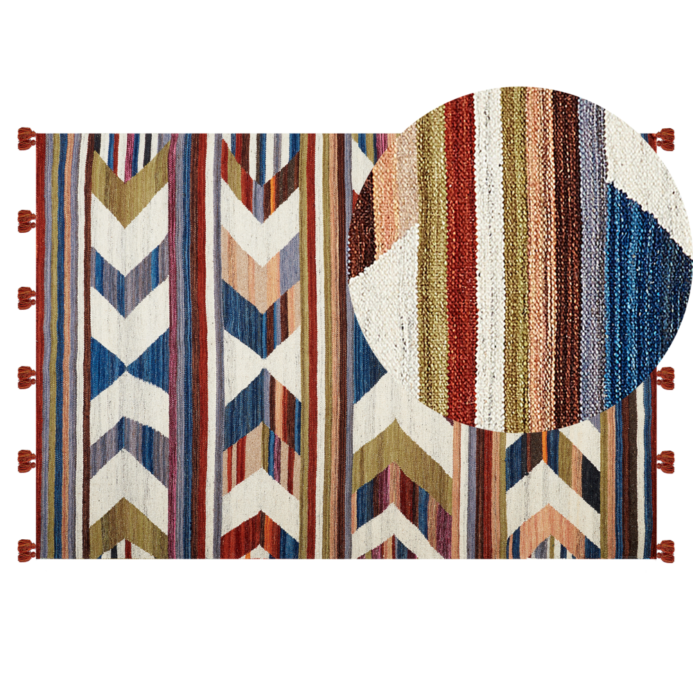 Image of Tappeto di lana multicolore 140 x 200 cm kilim fatto a mano con strisce e nappe soggiorno camera da letto