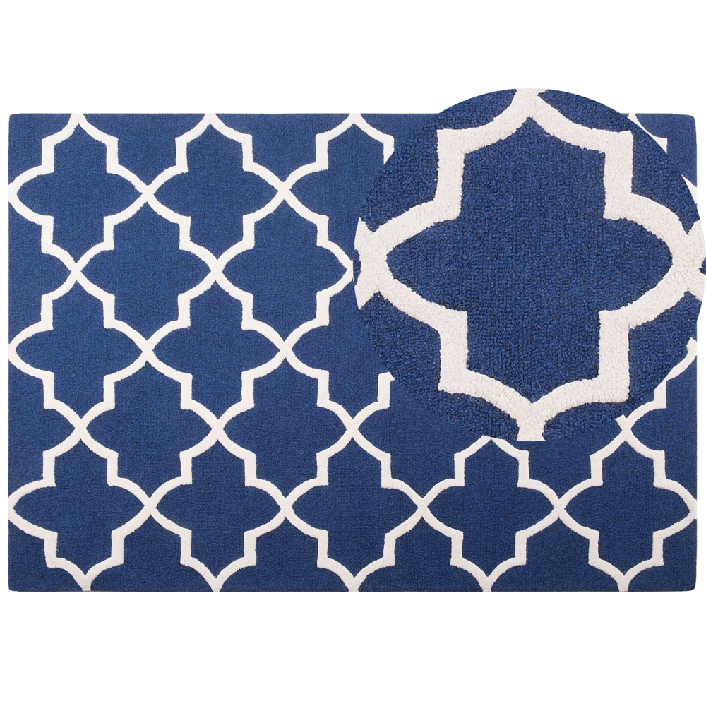 Image of Tappeto tappetino Lana Blu 160 x 230 cm Traliccio Motivo Quadrifoglio Trapuntato a Mano Orientale Trifoglio Marocchino