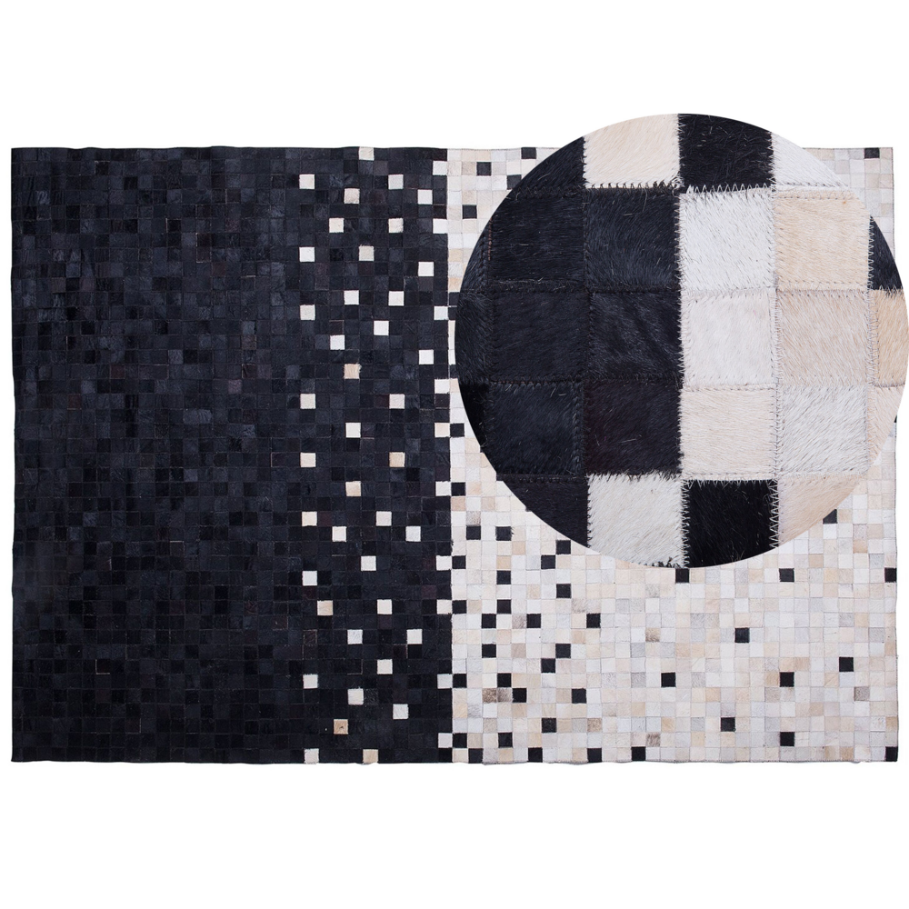 Image of Tappeto Area Nero e Beige in pelle bovina con motivo patchwork Rettangolare 160 x 230 cm