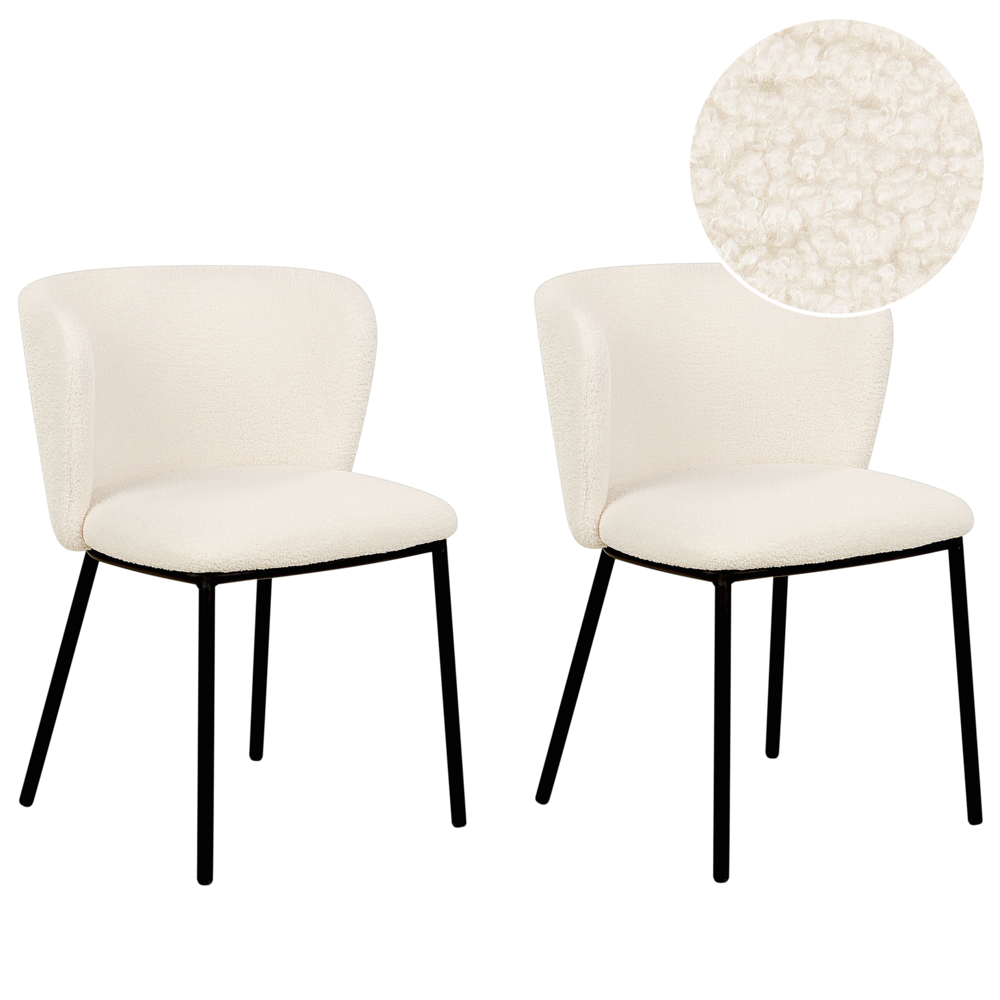 Image of Set di 2 sedie da pranzo in bouclè bianco sporco Rivestimenti in metallo nero Gambe senza braccioli Schienale curvo Design moderno e contemporaneo