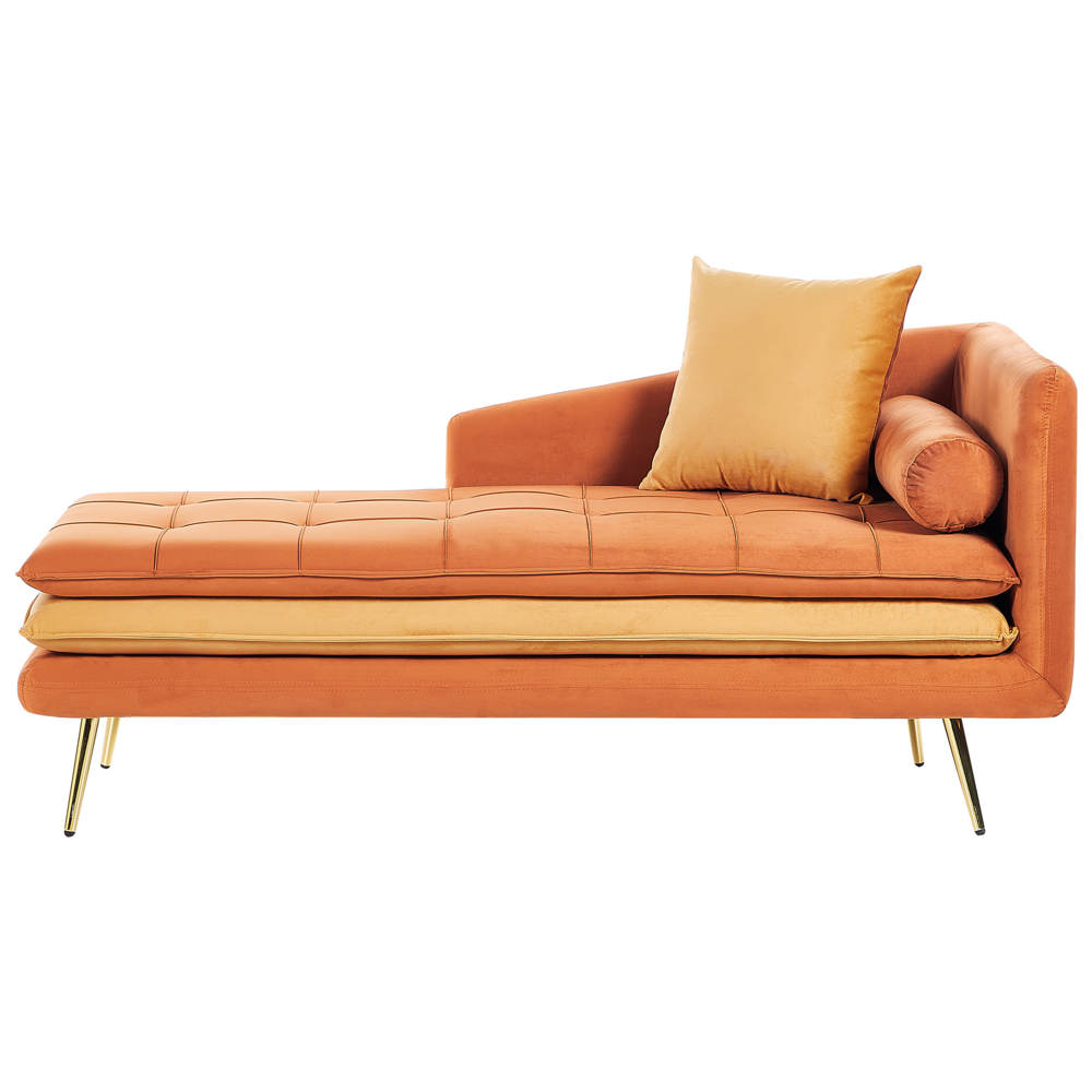 Image of Chaise Longue Arancione Velluto versione Destra Tufted Abbottonato Spessamente Imbottito con Cuscini Mano Sinistra Mobili Soggiorno