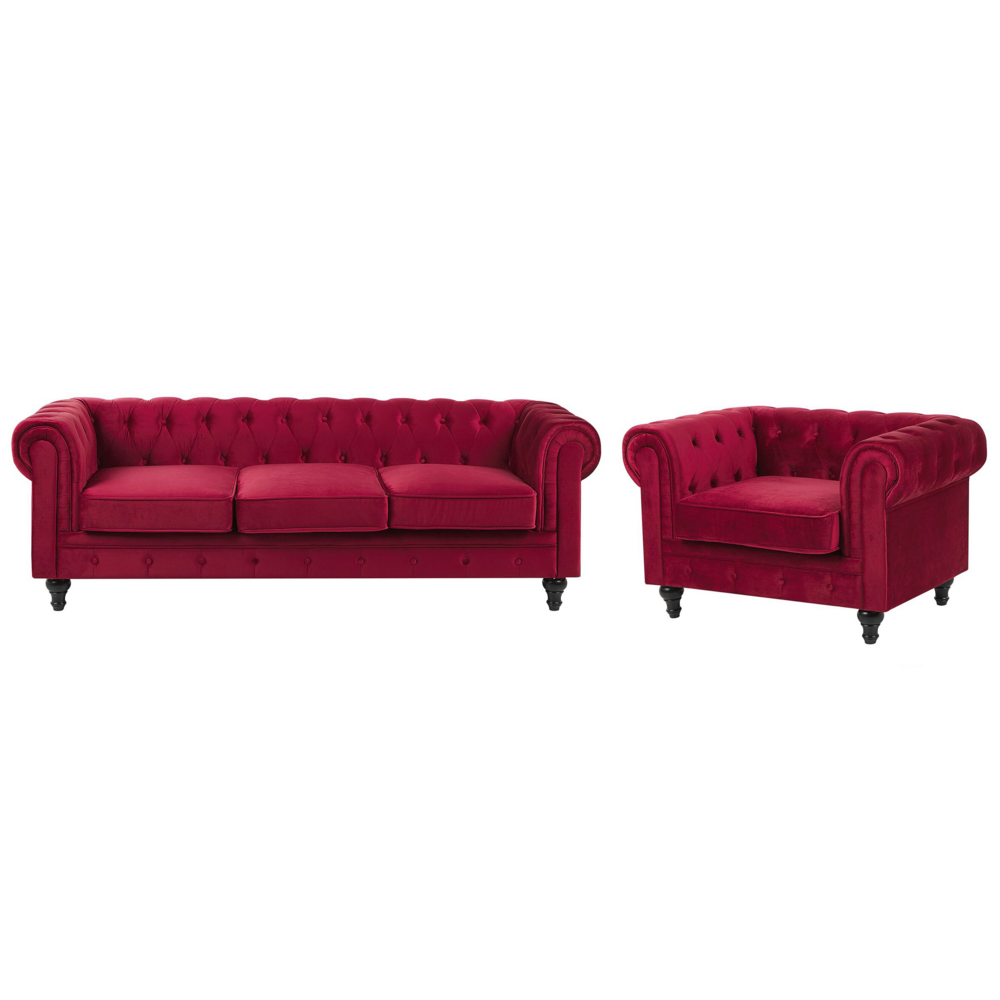 Image of Set da soggiorno Chesterfield con rivestimento in velluto rosso scuro con gambe nere divano a 3 posti + poltrona