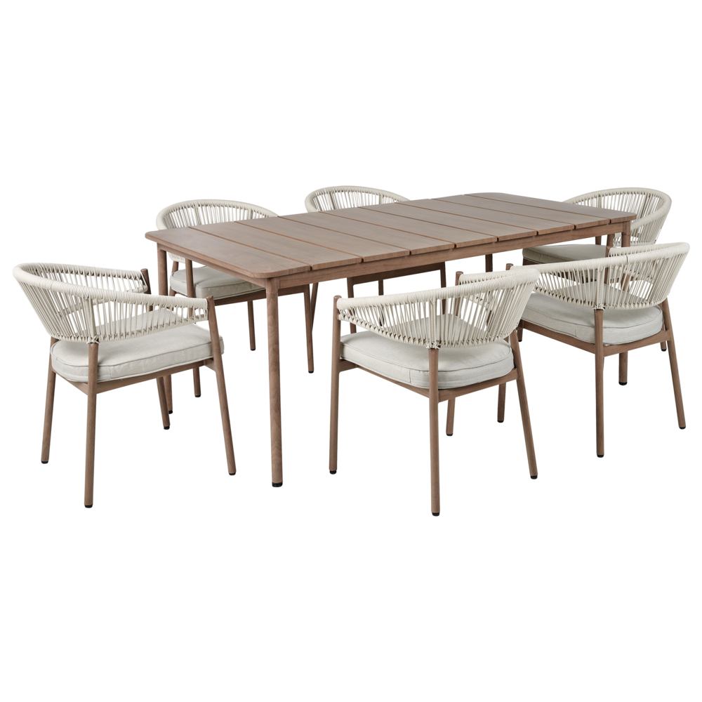 Set da pranzo da giardino a 6 posti in alluminio bianco e legno scuro Piano del tavolo 6 sedie e tavolo da pranzo