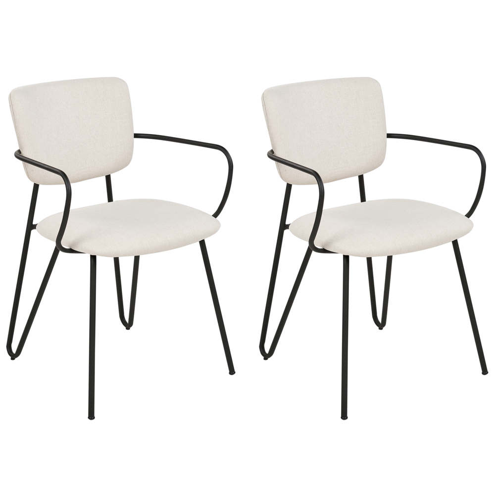Image of Set di 2 sedie da pranzo Rivestimento in tessuto strutturale in poliestere bianco crema Gambe in metallo nero Schienale curvo senza braccioli Design moderno e contemporaneo