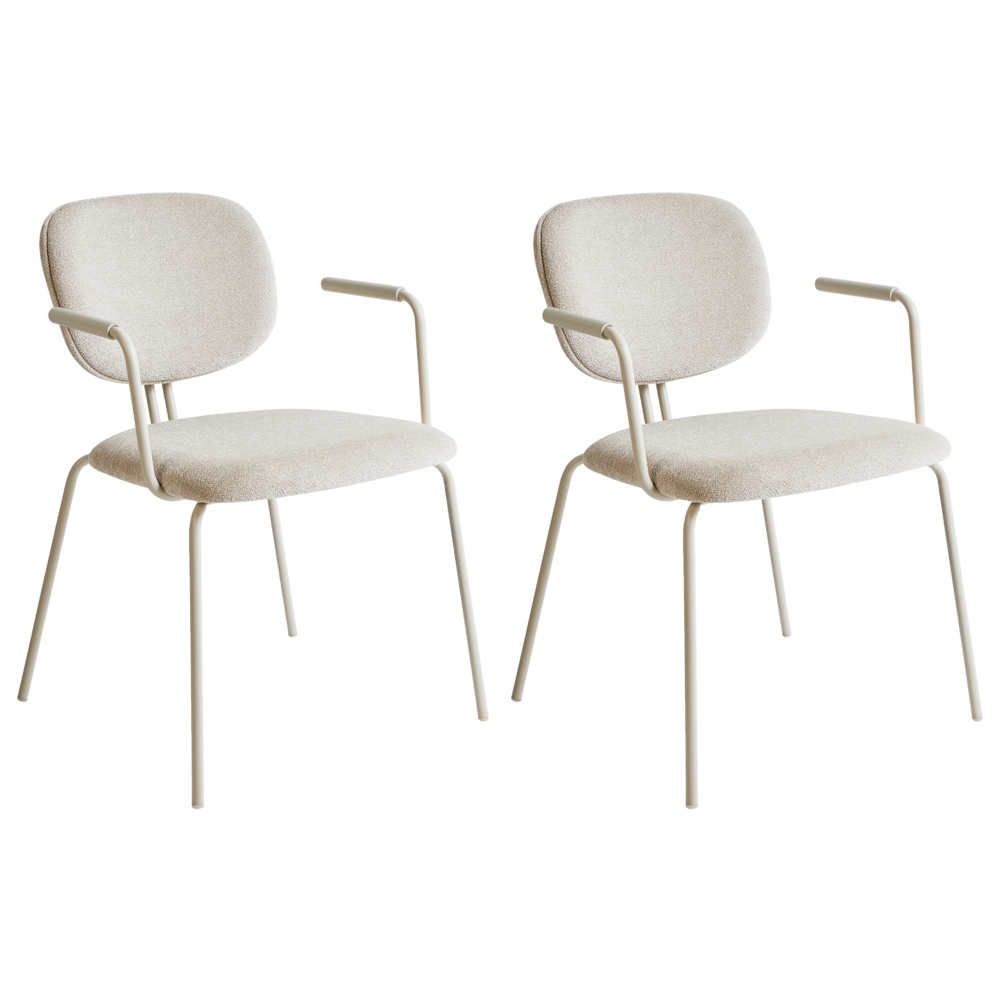 Set di 2 sedie da pranzo imbottite beige chiaro con braccioli e base metallica design moderno