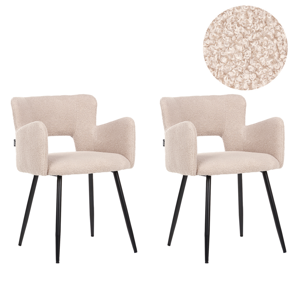 Image of Set di 2 sedie Sedia da pranzo in bouclé beige con braccioli Schienale ritagliato Gambe in metallo nero