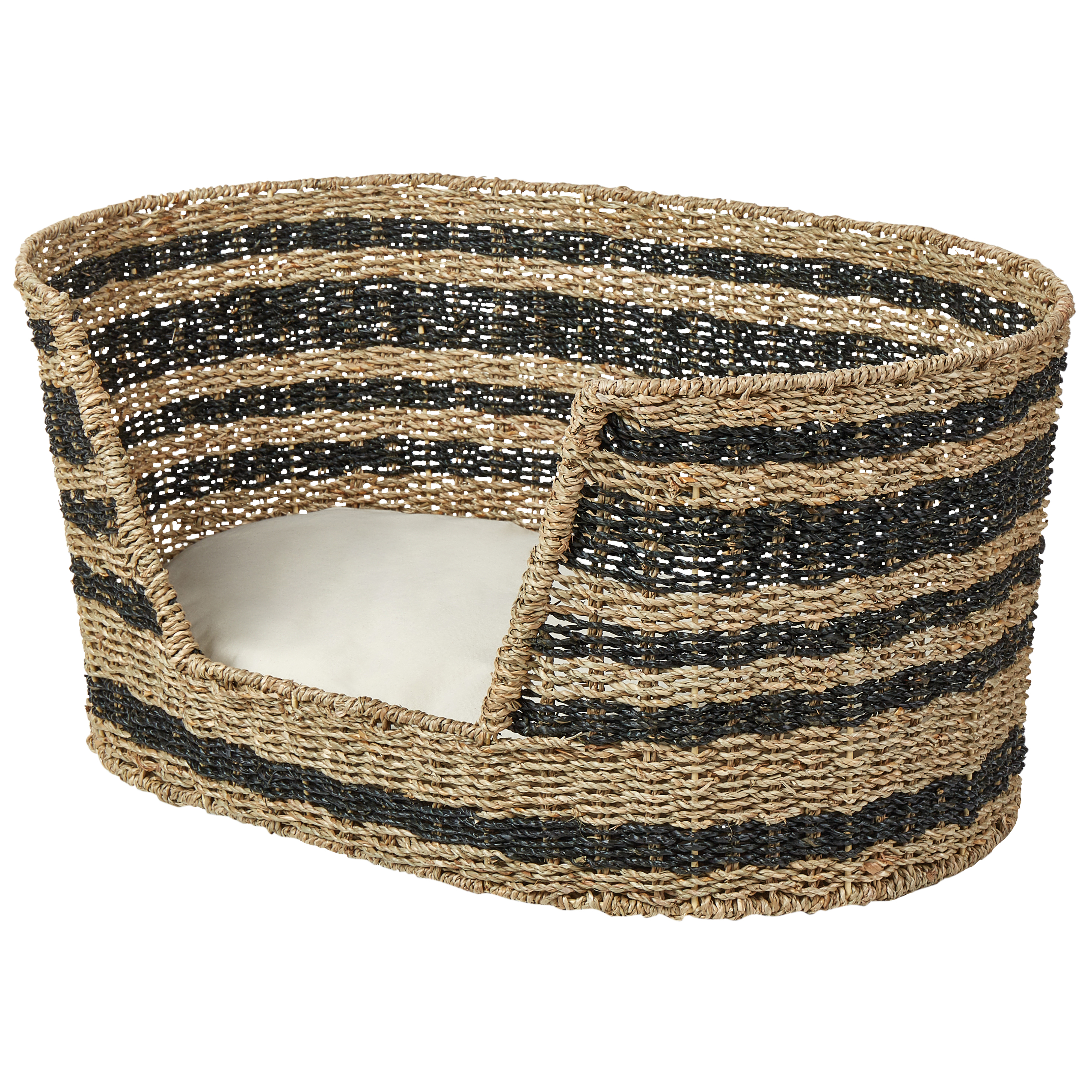 Image of Cuccia per animali domestici in seagrass naturale nero 65 x 44 cm con cuscino in cotone per gatti e cani Boho