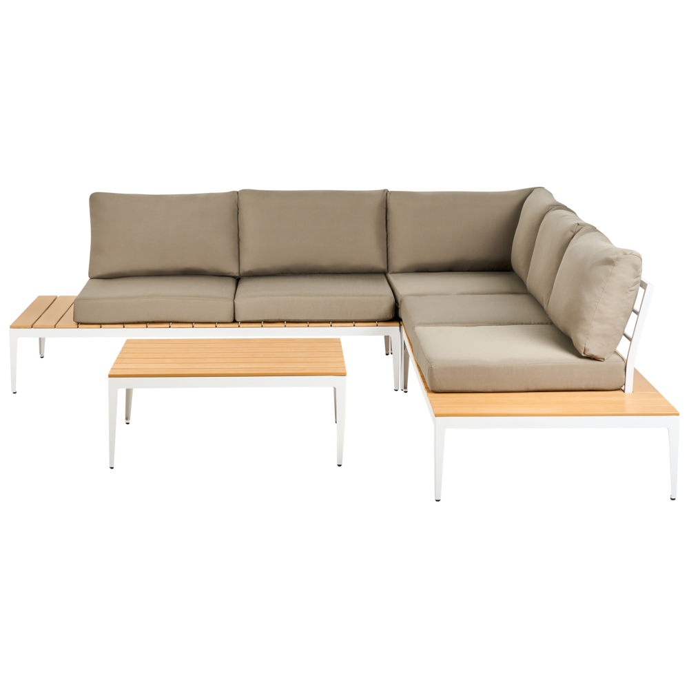 Image of Set divano ad angolo da giardino cuscini grigi tavolo design a doghe set moderno da conversazione a 5 posti