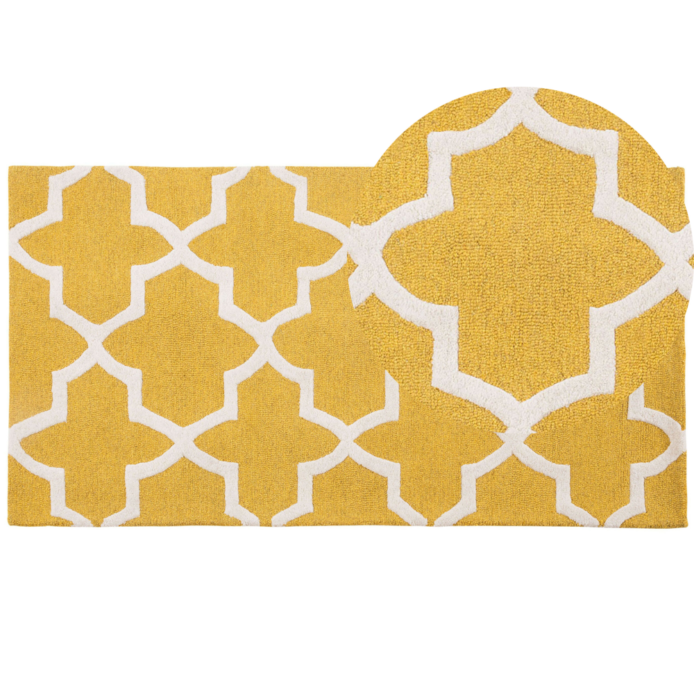Image of Tappeto tappetino Giallo Lana 80 x 150 cm Traliccio Motivo Quadrifoglio Trapuntato a Mano Orientale Marocchino Trifoglio