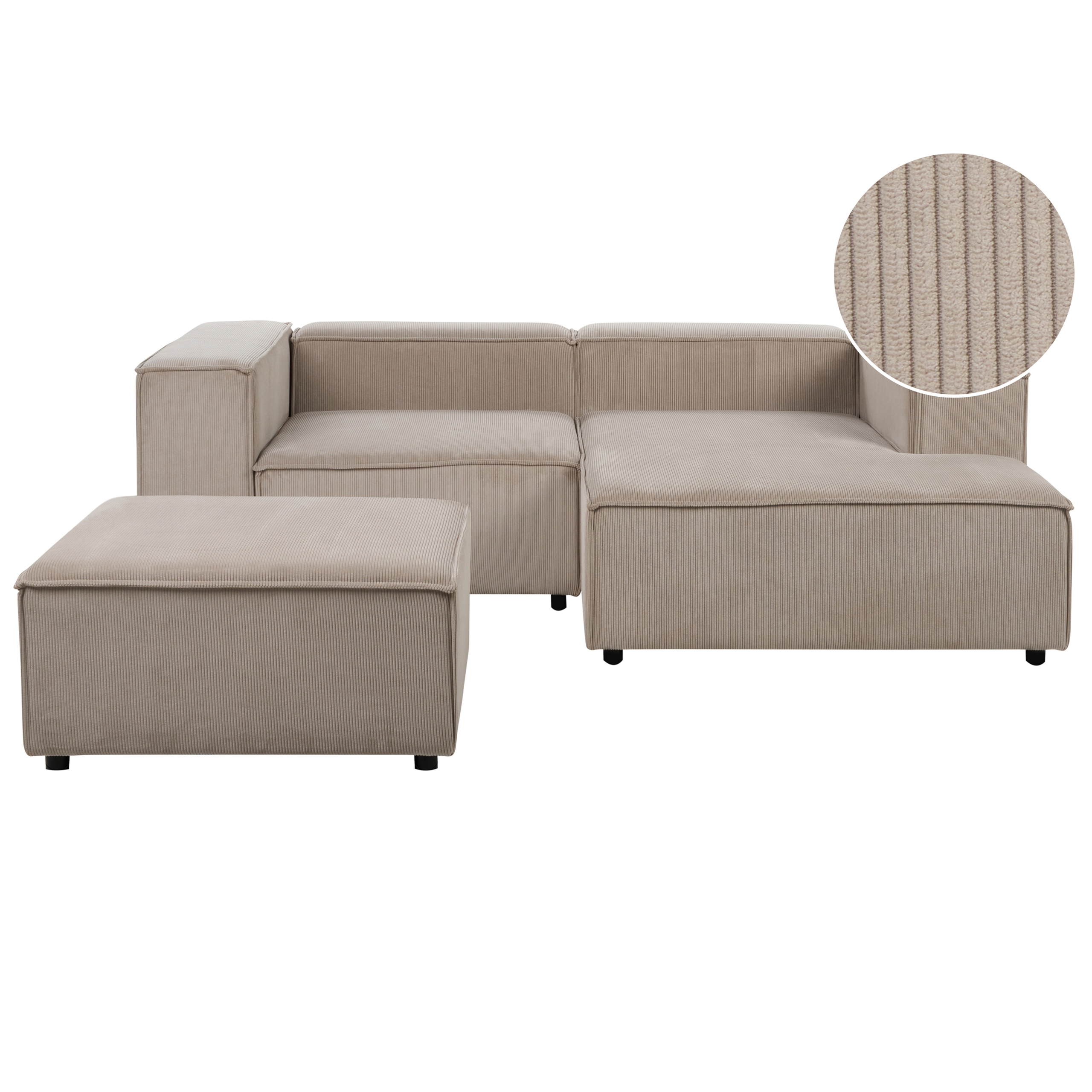 Modulaire tweezitsbank met ottomaan corduroy lichtbruin linkszijdig APRICA