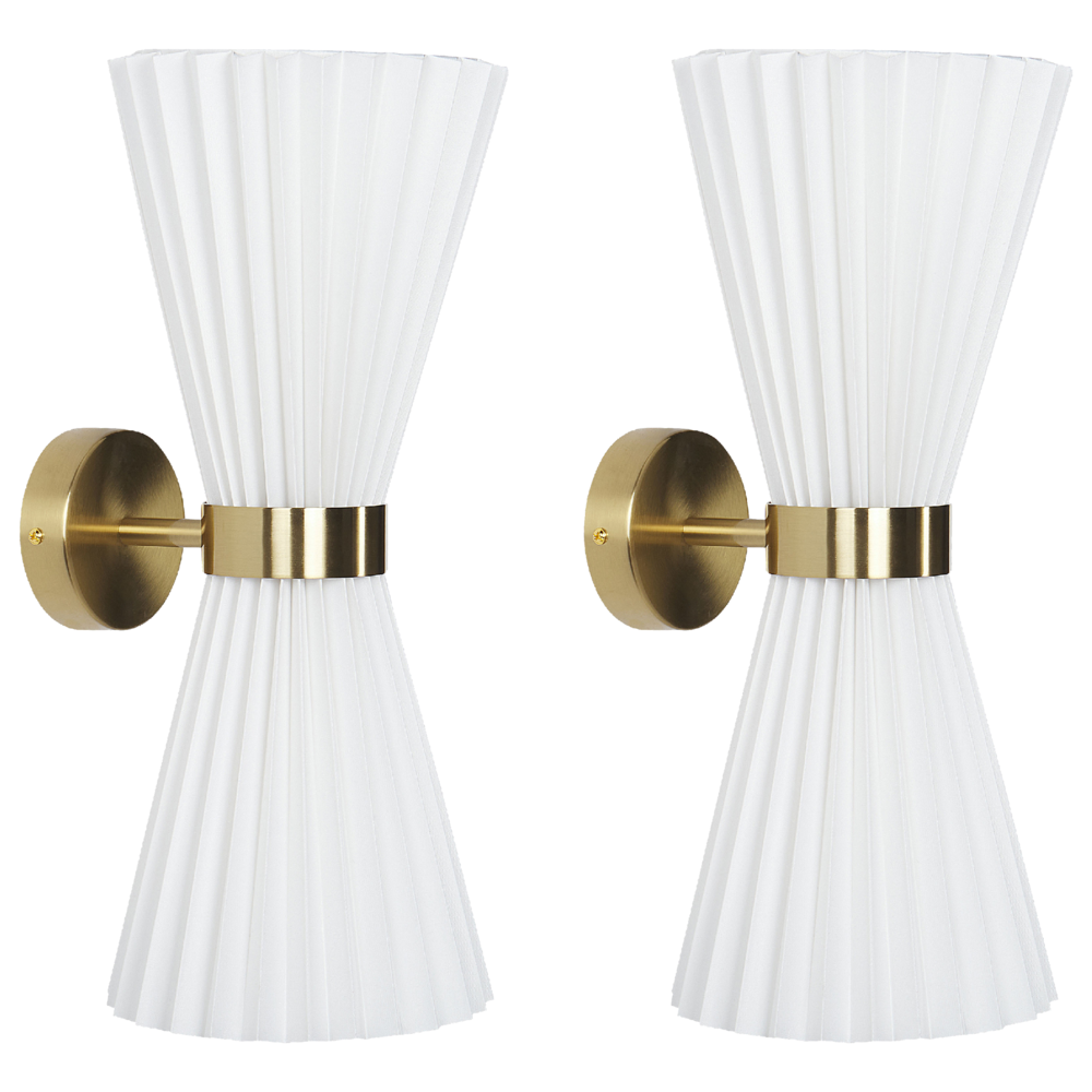 Image of Set di 2 Applique da parete moderna con paralume in tessuto e struttura in ottone e metallo bianco camera da letto soggiorno elegante