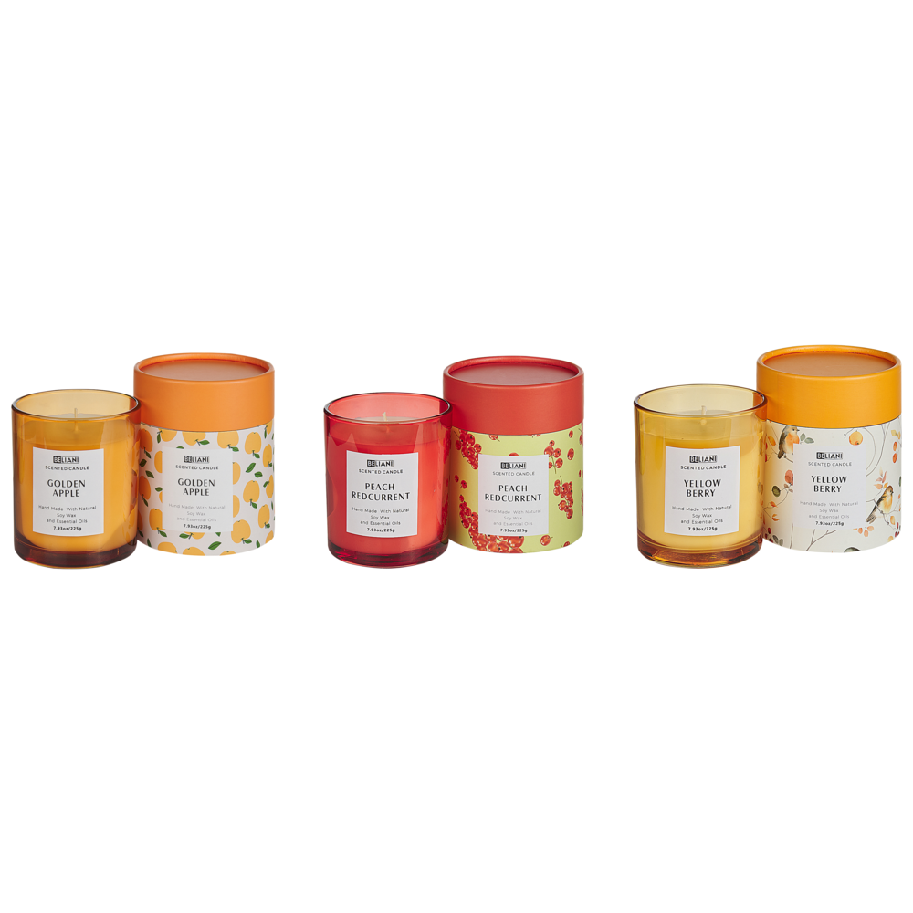 Image of Set di 3 candele profumate multicolore 100% cera di soia stoppino di cotone vetro fragranza floreale erbe orientali ribes rosso/bacche gialle/mela dorata