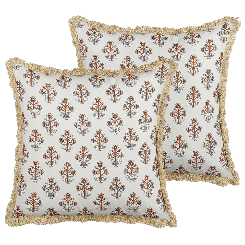 Image of Set di 2 cuscini decorativi cotone motivo floreale 45 x 45 cm nappe decorative rivestimento sfoderabile accessori decorativi