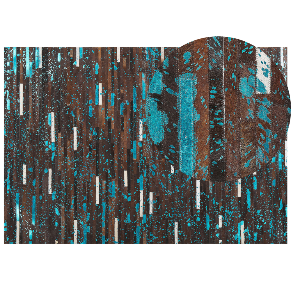 Image of Tappeto tappetino Pelle di vacchetta marrone e blu 160 x 230 cm Superficie a righe patchwork