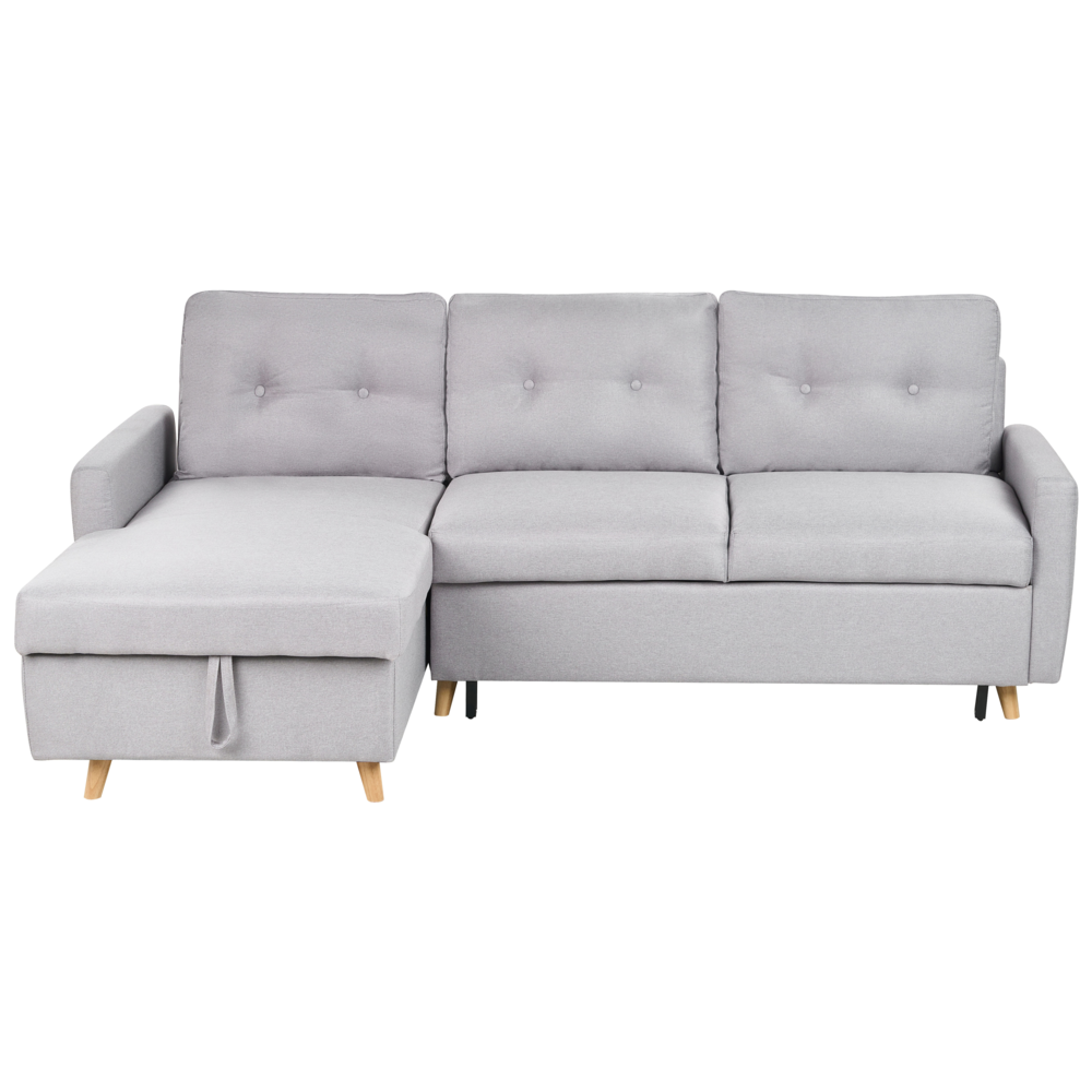 Divano letto ad angolo in tessuto grigio chiaro 4 posti contenitore a forma di L con orientamento a versione destra