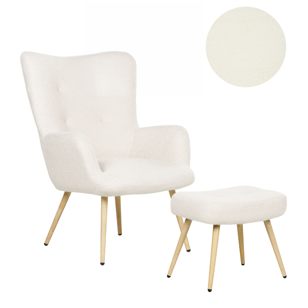 Poltrona rivestita in tessuto beige con motivo floreale con poggiapiedi in stile retrò