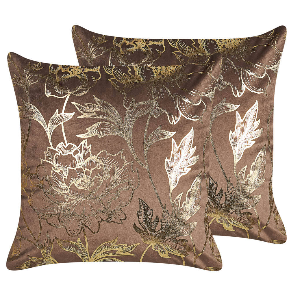 Image of Set di 2 cuscini decorativi in velluto marrone 45 x 45 cm con stampa floreale in lamina d&#39;oro Accessori decorativi glamour