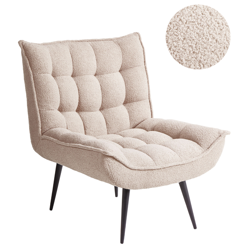 Poltrona beige in bouclé senza braccioli, sedia accentuante da relax, senza braccioli, gambe in ferro nero, per soggiorno o camera da letto, moderna.