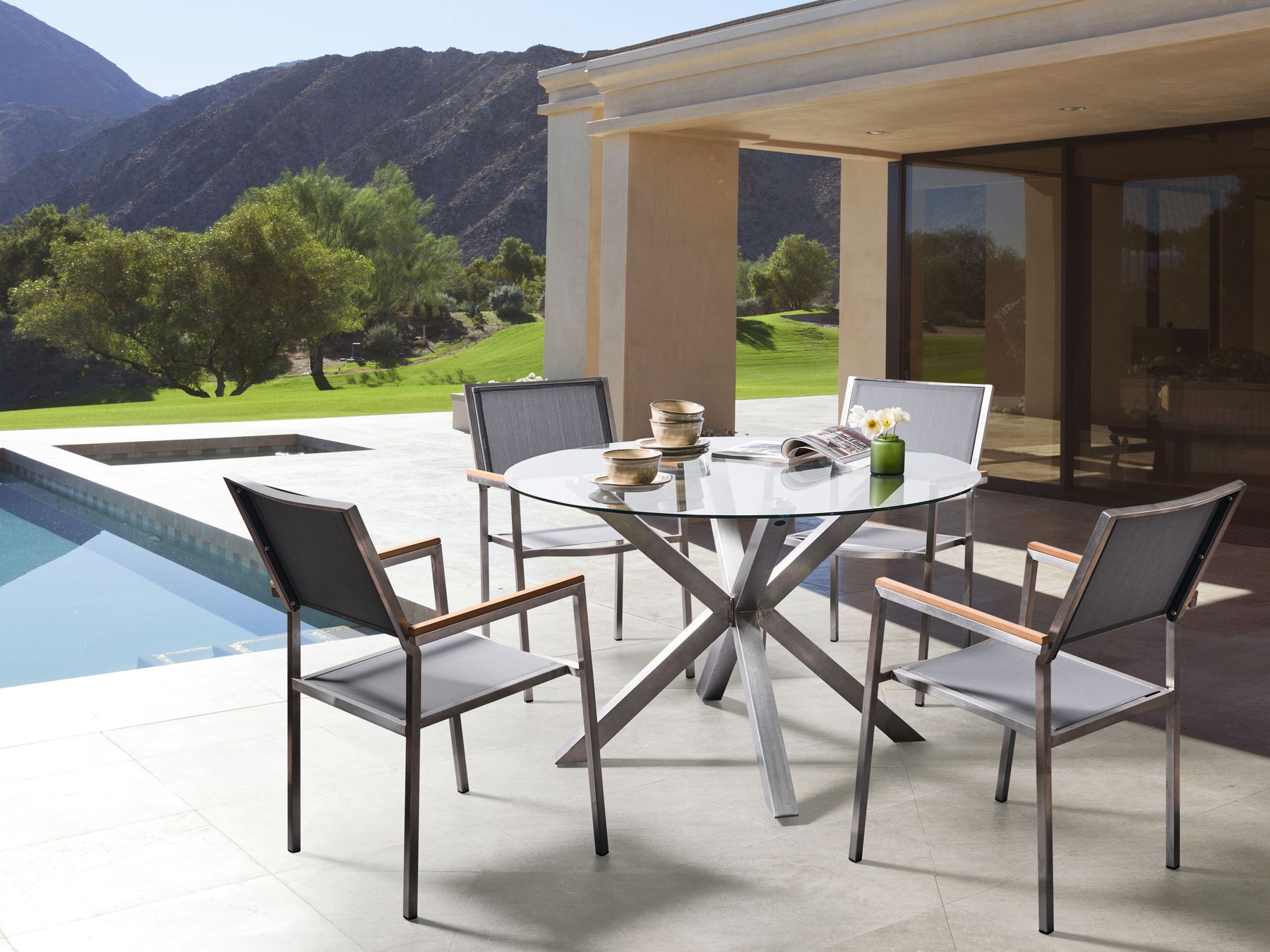 Gartentisch Glas transparent Edelstahl silber rund 120cm X-Beine modern Maletto