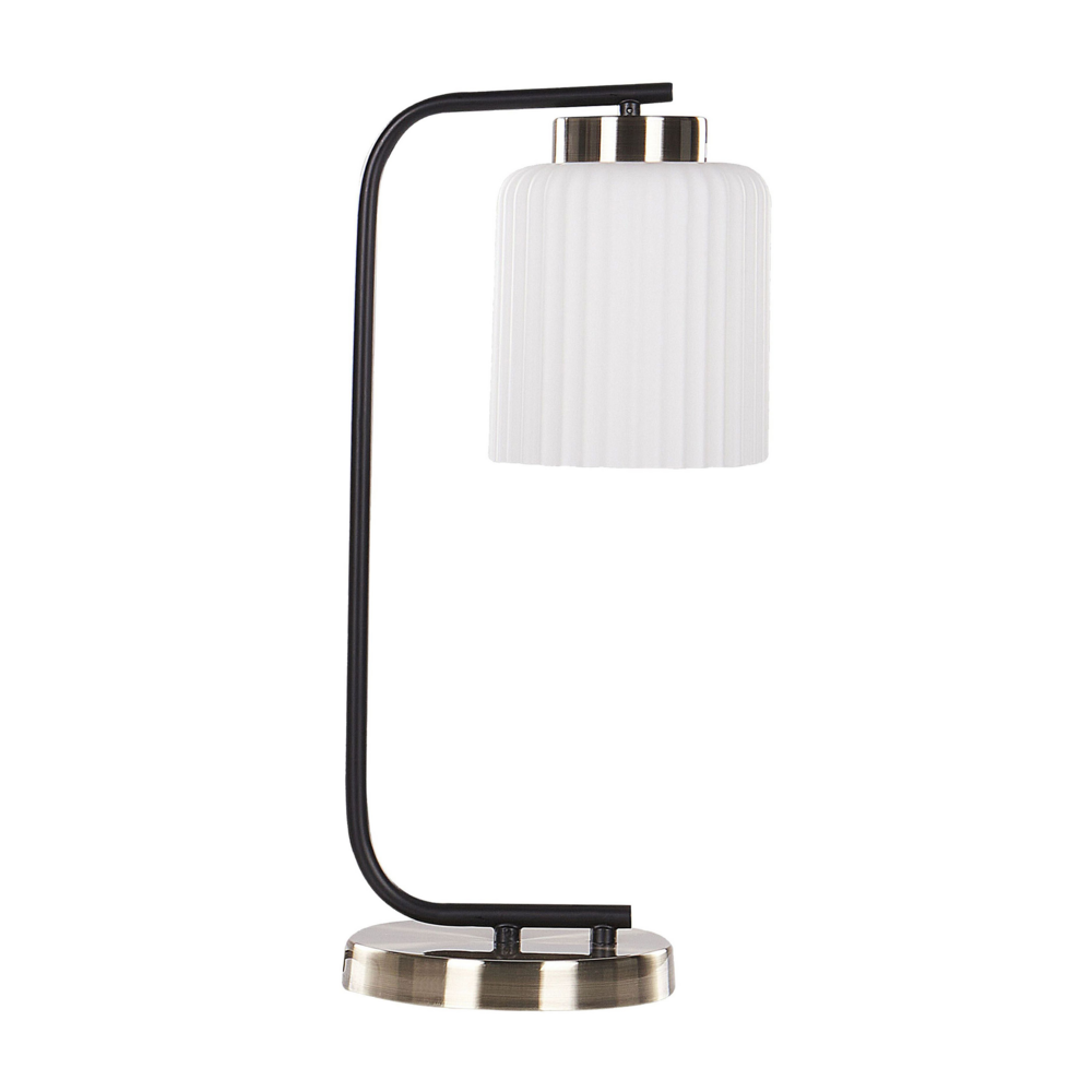 Image of Lampada da tavolo moderna con paralume in vetro e braccio in metallo nero con base in ottone camera da letto soggiorno