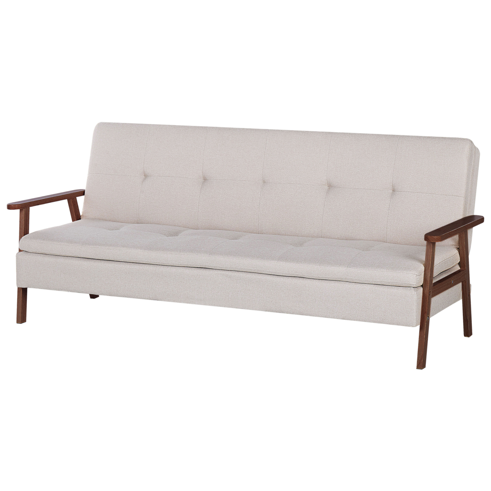 Divano Letto Moderno In Tessuto Beige Braccioli In Legno Scuro Gambe Trasformabili Stile Moderno-image
