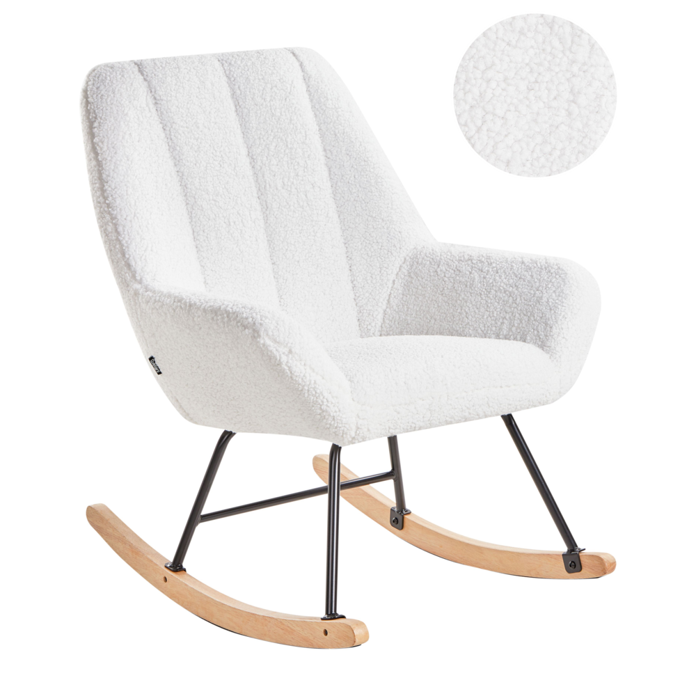 Sedia a dondolo Rivestimento in bouclé bianco sporco Teddy Metallo Gambe nere Braccioli Ampio schienale Soggiorno