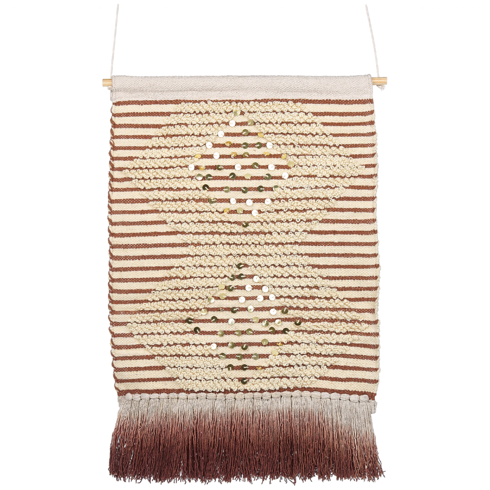 Image of Decorazione da parete in cotone beige rosso fatto a mano con paillettes in nappa arte da parete motivo geometrico boho per soggiorno camera da letto