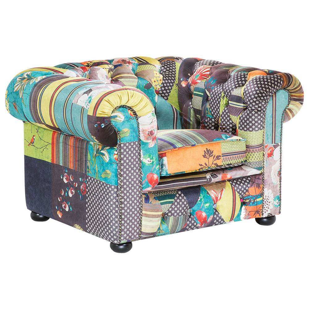 Image of Poltrona Tessuto Multicolore Braccioli a voluta con inserti Giallo Patchwork Eclettico