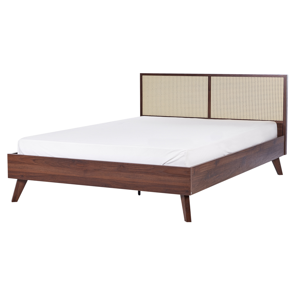 Letto matrimoniale in legno di pioppo scuro con testiera in vimini 160 x 200 cm camera da letto moderna boho minimalista