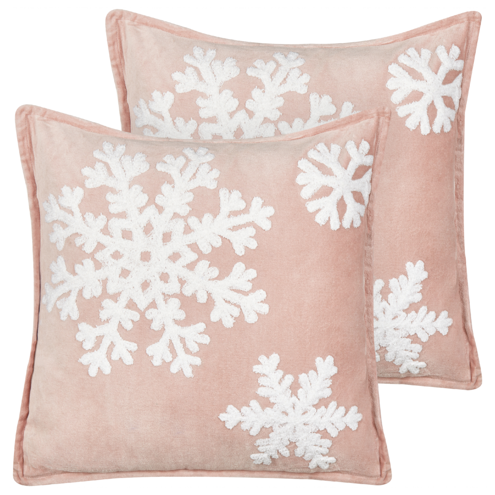 Image of Set di 2 cuscini decorativi in cotone velluto con motivo natalizio fiocco di neve rosa e bianco 45 x 45 cm soggiorno camera da letto