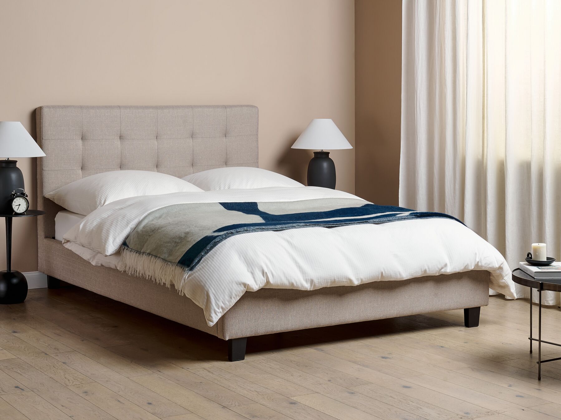 Wasserbett gepolstert in Leinenoptik, hellgrau, 140 x 200 cm, mit modernem, gekn - Bild 2 von 12