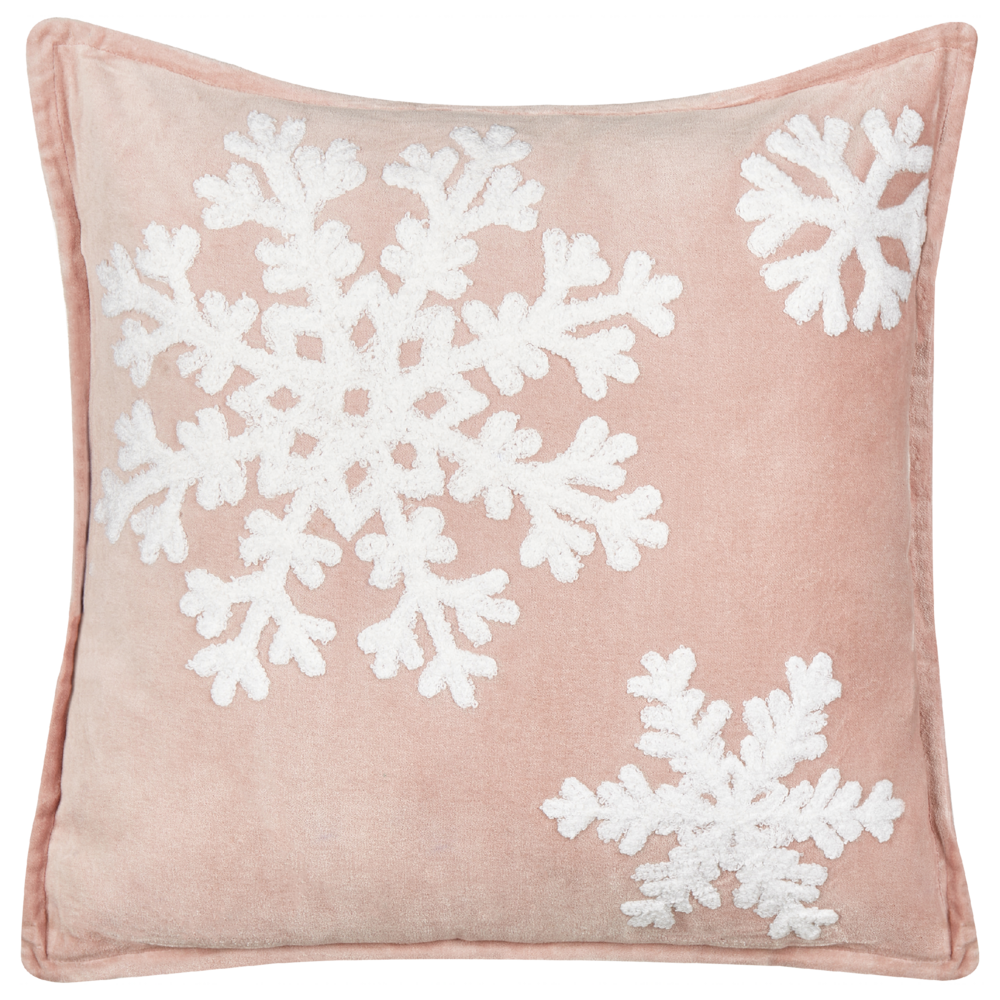 Image of Cuscino decorativo in cotone velluto con motivo natalizio fiocco di neve rosa e bianco 45 x 45 cm soggiorno camera da letto