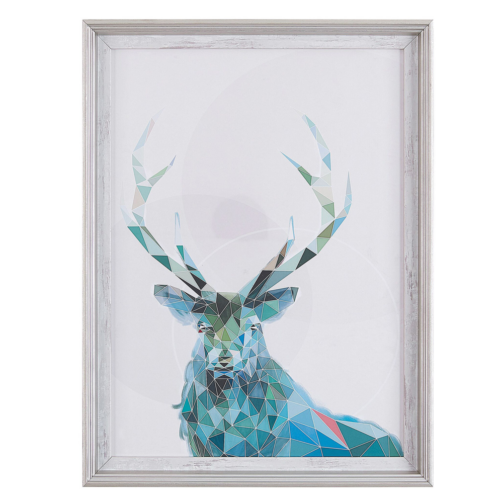 Image of Stampa artistica da parete con cornice Cervo blu con cornice bianca 30 x 40 cm Design scandinavo minimalista invecchiato