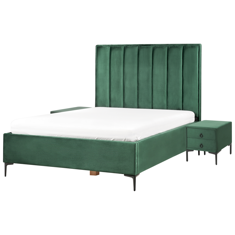 Image of Set da camera da letto rivestiti in velluto verde scuro con due comodini 140 x 200 cm stile elegante