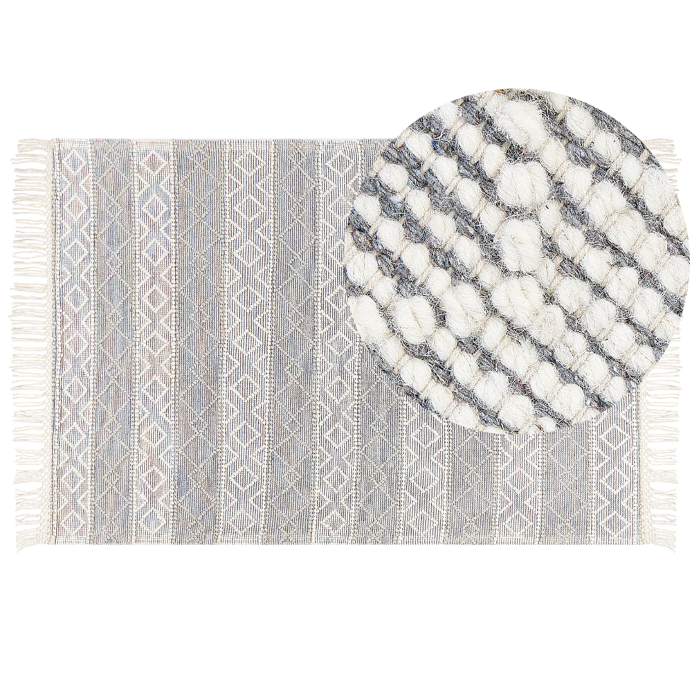 Image of Tappeto grigio e bianco in lana e cotone 160 x 230 cm tessuto a mano a trama piatta con frange e motivo geometrico