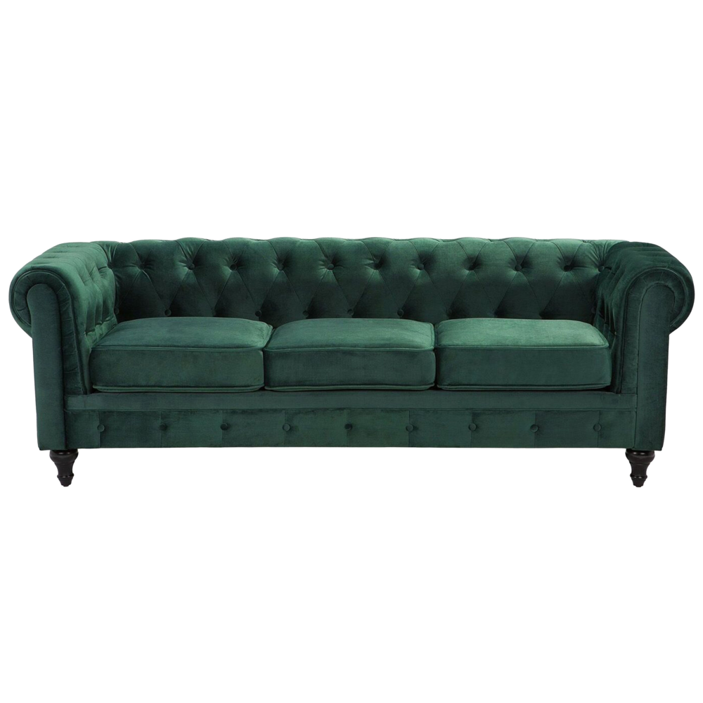 Image of Divano Chesterfield Tessuto Velluto Verde Rivestimento Gambe In Legno Scuro 3 Posti Contemporaneo