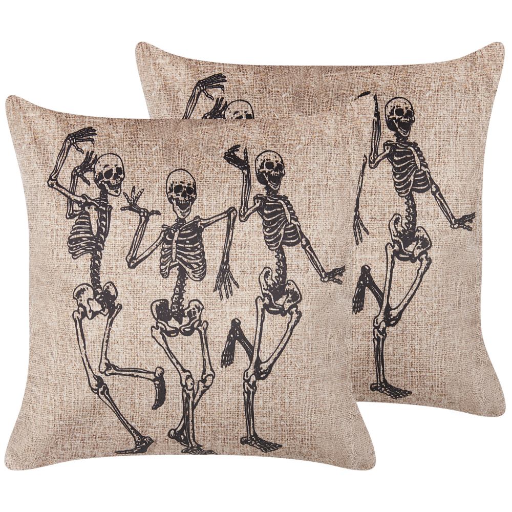 Image of Set di 2 cuscini decorativi motivo scheletro in velluto bianco sporco 45 x 45 cm quadrati moderni accessori per la decorazione di Halloween