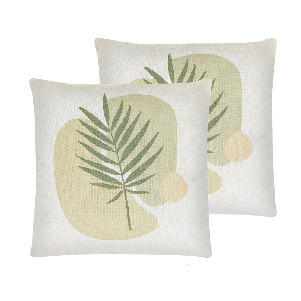 Image of Set di 2 cuscini con motivo a foglia 45 x 45 cm di colore verde e beige salotto camera da letto stile boho moderno