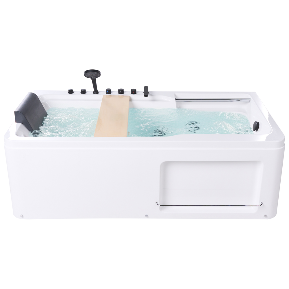 Vasca idromassaggio in acrilico bianco e legno di quercia 1800 x 860 mm con poggiatesta massaggiante e vaschetta da bagno inclusa