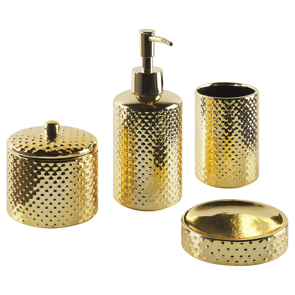 Image of Set di 4 Accessori Bagno in Ceramica dorata dispenser sapone porta sapone portaspazzolini bicchiere